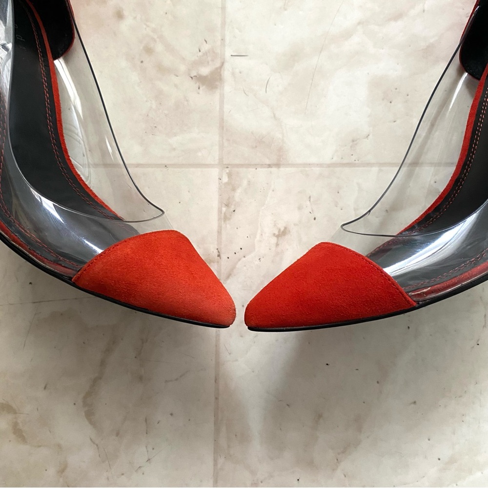$340 Sandro Orange Suede Clear Vinyl Pointed Toe Pumps Heels Size 9.5/40 - Picture 6 of 14